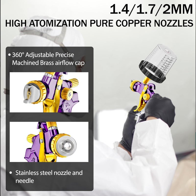 GATTLELIC HVLP Air Spray Gun with 1.4/1.7/2mm Nozzles & Air Compressor Regulator, Air Spray Paint Gun w/10pcs 600cc Mixing Cup and Lids, Automotive Paint Sprayer for Car, House Painting, Furniture (Purple) - Image 2